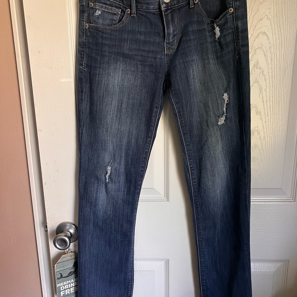 Express Dark Blue Distressed Straight Leg Jeans